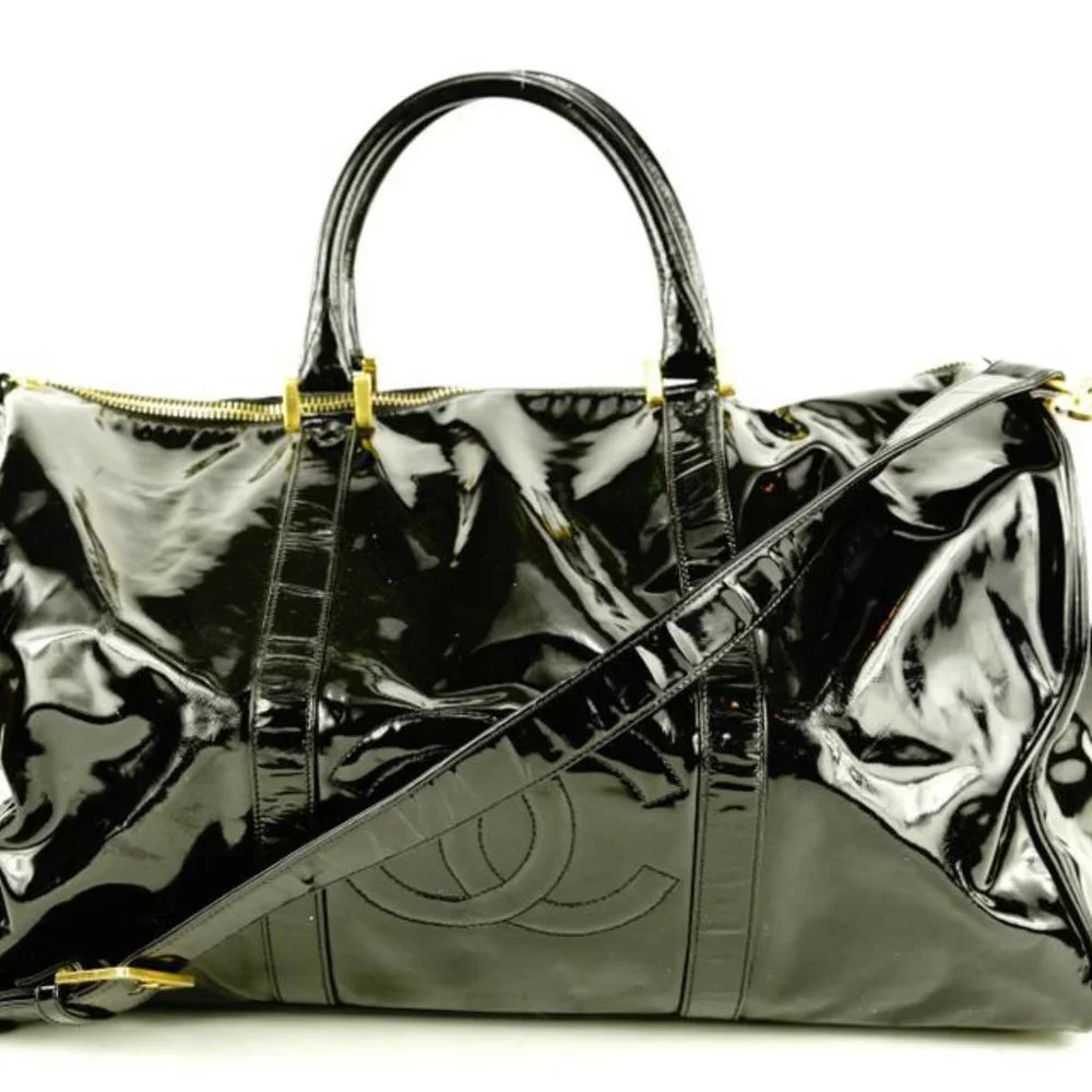 Chanel Large Black Patent CC Logo Duffle Bag with Strap 1C103a